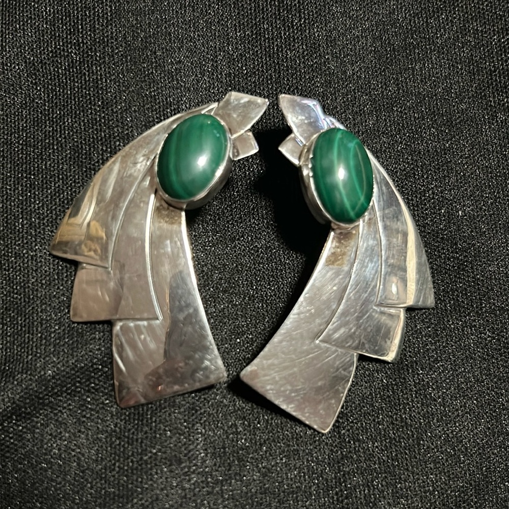 Vintage Signed Lex '87 Sterling Silver & Malachite Earrings